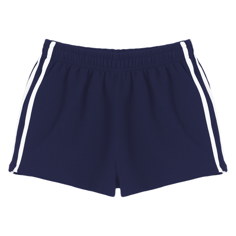 Thalia Shorts, custom mid-rise fleece sweat shorts with white side stripes, in Midnight Chic color