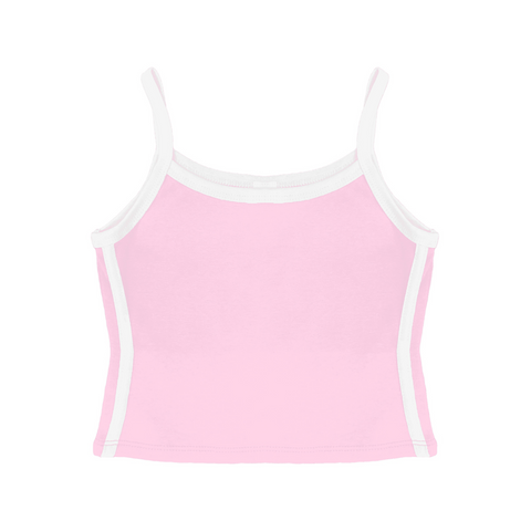Thalia Tank, custom cropped spaghetti strap tank top with white side stripes in bb blush color