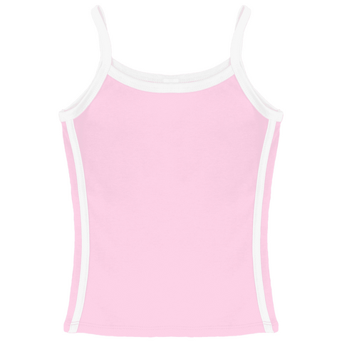 Thalia Tank, custom full-length spaghetti strap tank top with white side stripes in bb blush color