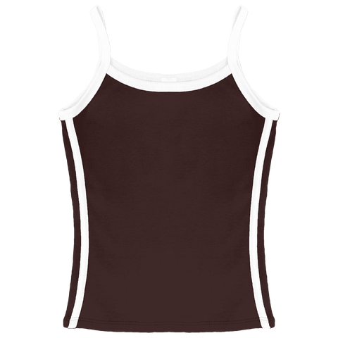 Thalia Tank, custom full-length spaghetti strap tank top with white side stripes in latte love color