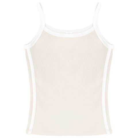 Thalia Tank, custom full-length spaghetti strap tank top with white side stripes in oat milk please color