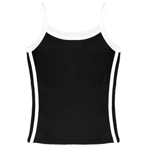 Thalia Tank, custom full-length spaghetti strap tank top with white side stripes in onyx black color