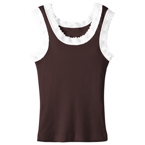 Victoria Tank, custom full-length lace tank top in latte love color