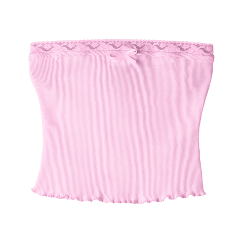 Pearl Tube Top, custom fitted strapless tube top in BB Blush color with BB Blush lace trim and mini satin bow