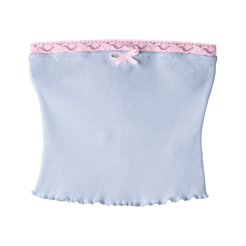 Pearl Tube Top, custom fitted strapless tube top in Healing Angelite color with BB Blush lace trim and mini satin bow