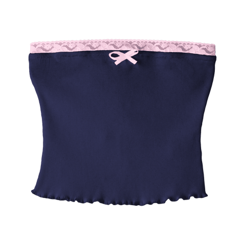 Pearl Tube Top, custom fitted strapless tube top in Midnight Chic color with BB Blush lace trim and mini satin bow