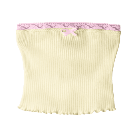 Pearl Tube Top, custom fitted strapless tube top in Sandy Chic color with BB Blush lace trim and mini satin bow