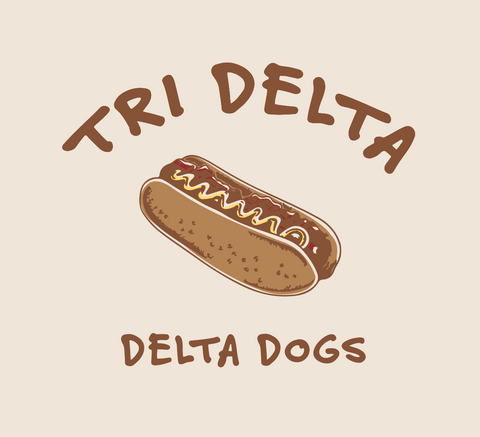 hot dog drawing with "tri delta delta dogs" in handwriting