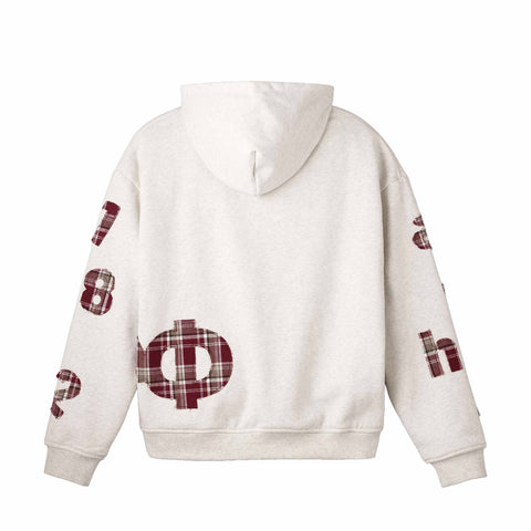 Ash hoodie with plaid designs on sleeves and back against a white background