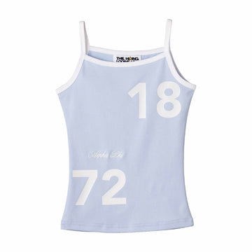 Light blue tank top with white text on a white background