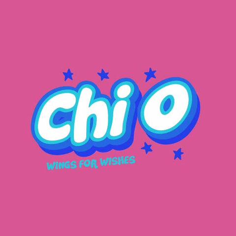 bubble letters "chi o" "wings for wishes" in white and blues on a pink background