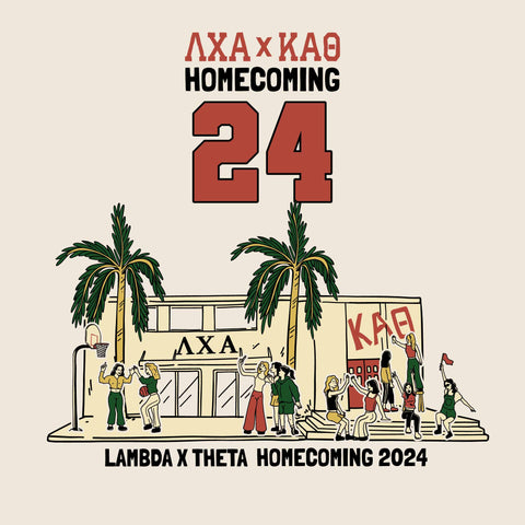 lambda chi alpha and kappa alpha theta homecoming graphic featuring sorority girls playing basketball, taking selfies, and waving flags in front of a house with palm trees