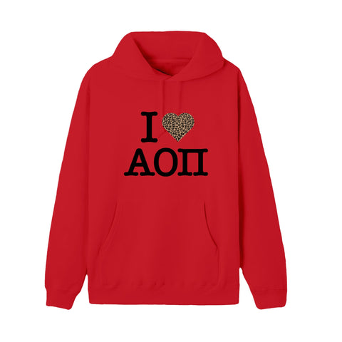 alpha omicron pi sorority letters on red hoodie with leopard print heart