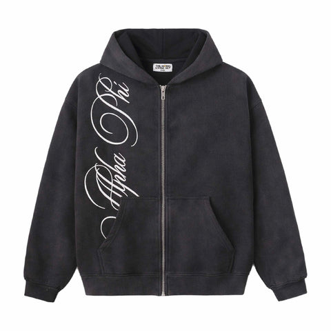 Black hoodie with white text on a white background