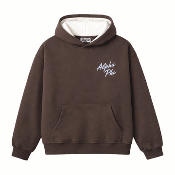 Brown hoodie with 'Alpha Phi' text on a white background