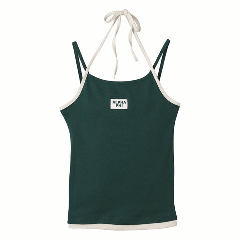 Green tank top with white straps and 'Alpha Phi' logo on a white background