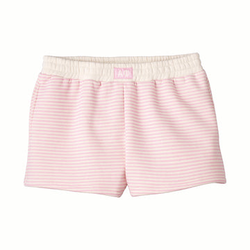 Pink striped shorts with a white waistband on a white background