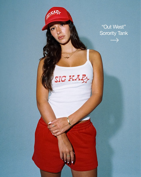Tank and hat set with western star design. Link leads to "out west" sorority tank product