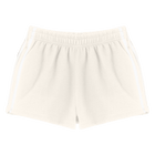 Thalia Shorts, custom mid-rise fleece sweat shorts with white side stripes, in Oat Milk Please color