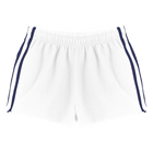 Thalia Shorts, custom mid-rise fleece sweat shorts with navy side stripes, in Opal White color